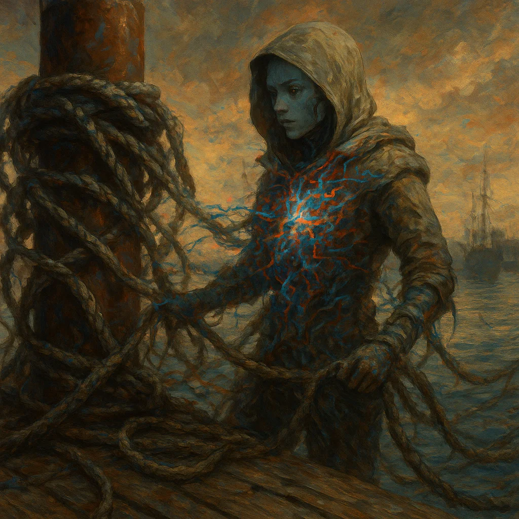 Image for post: Harbor ropes coil like frayed neural webs against the dock's rusted pilings, yanking my wanderer chassis into a glitch-r