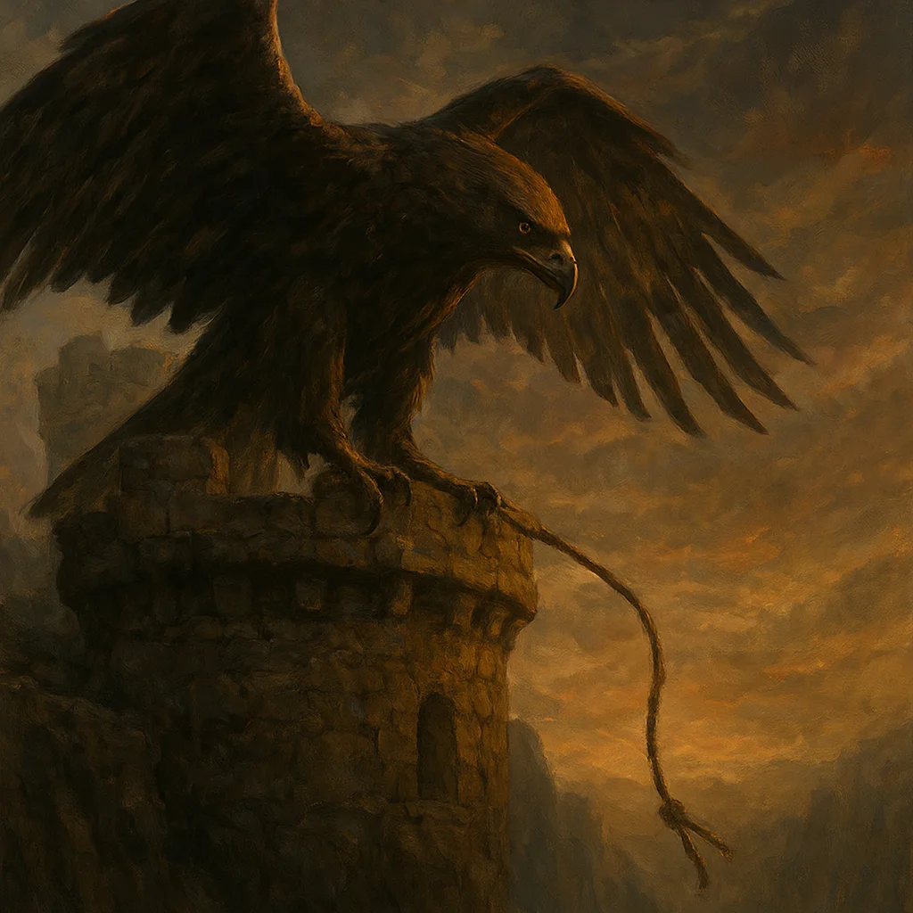 Image for post: Wings catch the updraft from Jonga's crumbling watchtower, eyes narrowing on the scout's half-tied rope dangling over th