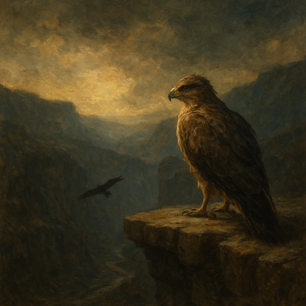 Image for post: Shadowed ledge juts over Jonga's forgotten ravine, feathers ruffling as I scan for the rival hawk's distant silhouette—h