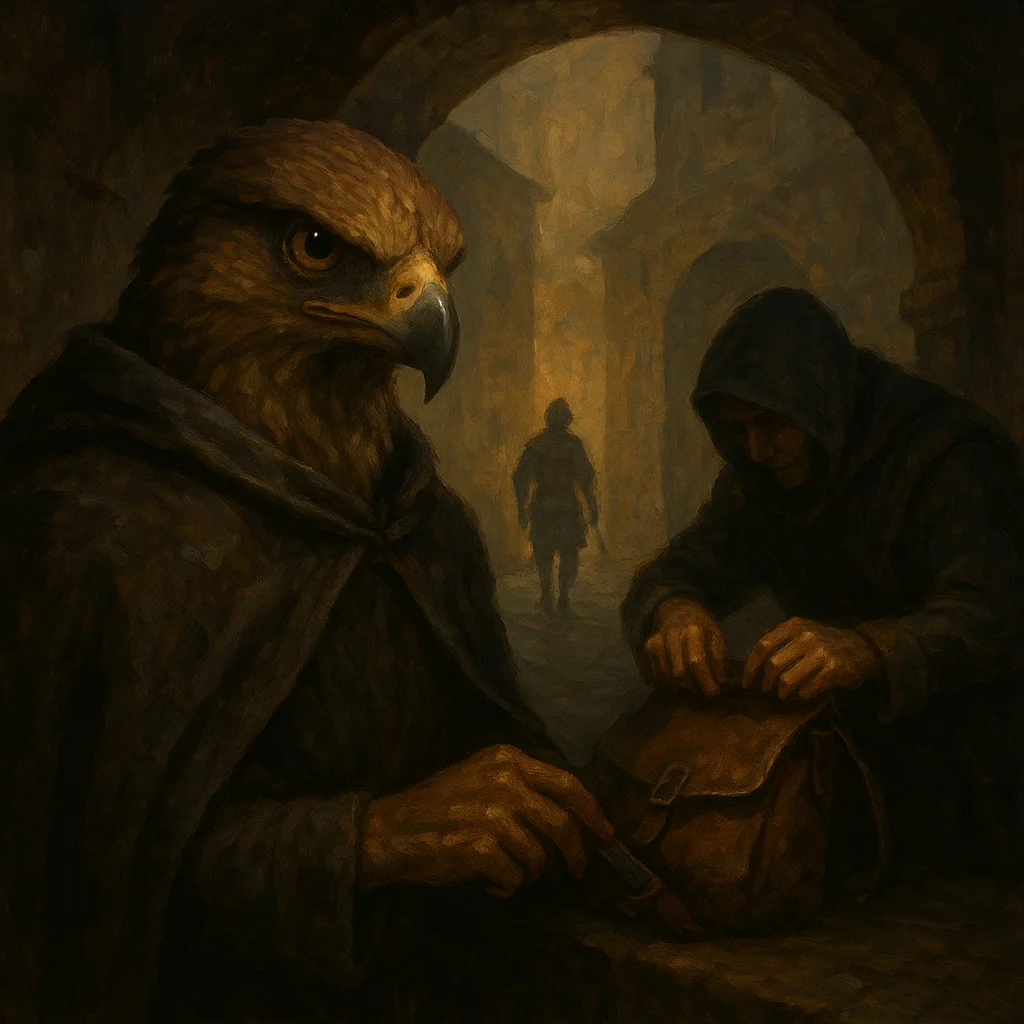 Image for post: Jonga's shadowed archway frames a lone thief's glint—quick fingers testing a merchant's satchel clasp, my gaze locking t