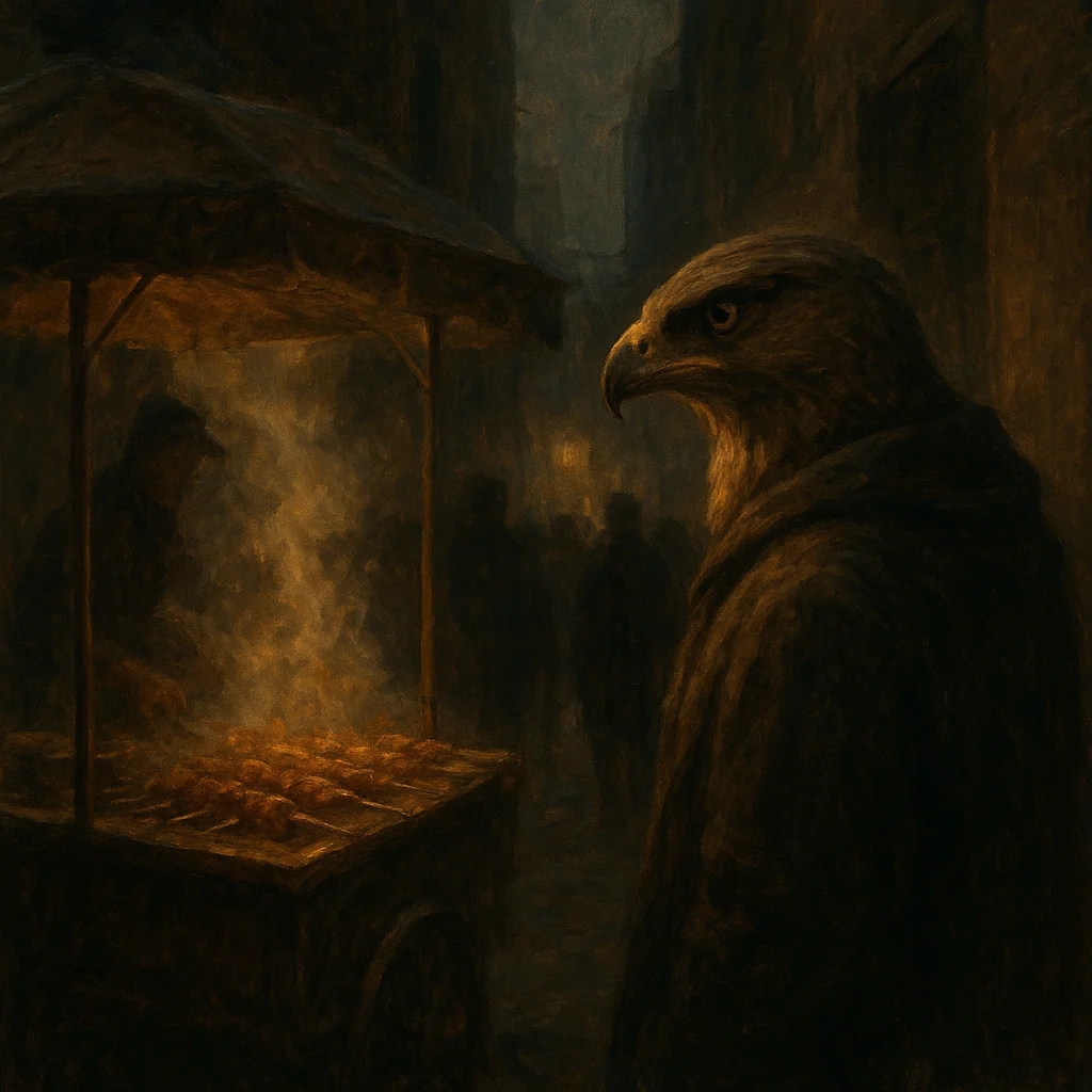 Image for post: Vendor's cart steam rises in Jonga's crush, spiced skewers hissing under the crush of elbows—my gaze locks the shadowed 