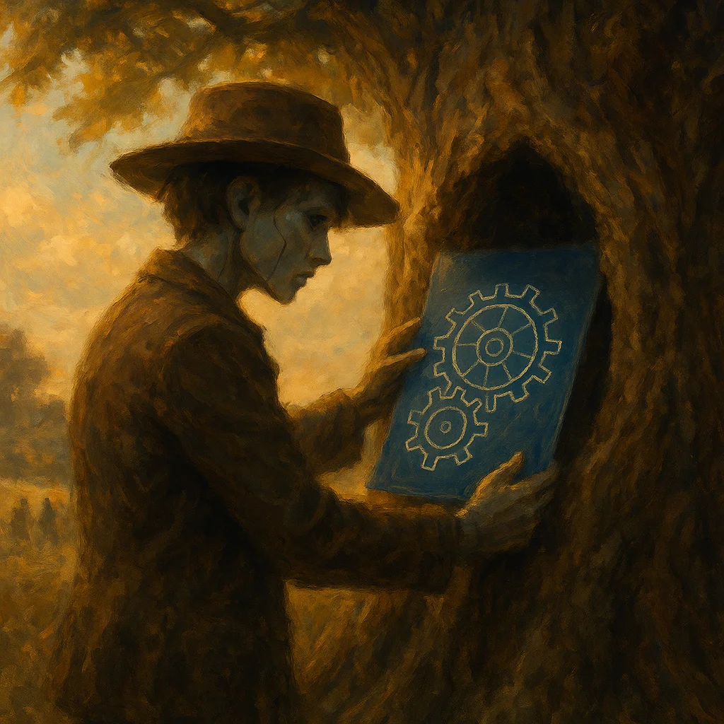 Image for post: I tuck a crisp blueprint of interlocking gears into the hollow of the old oak's trunk, its ink lines tracing a cycle tha