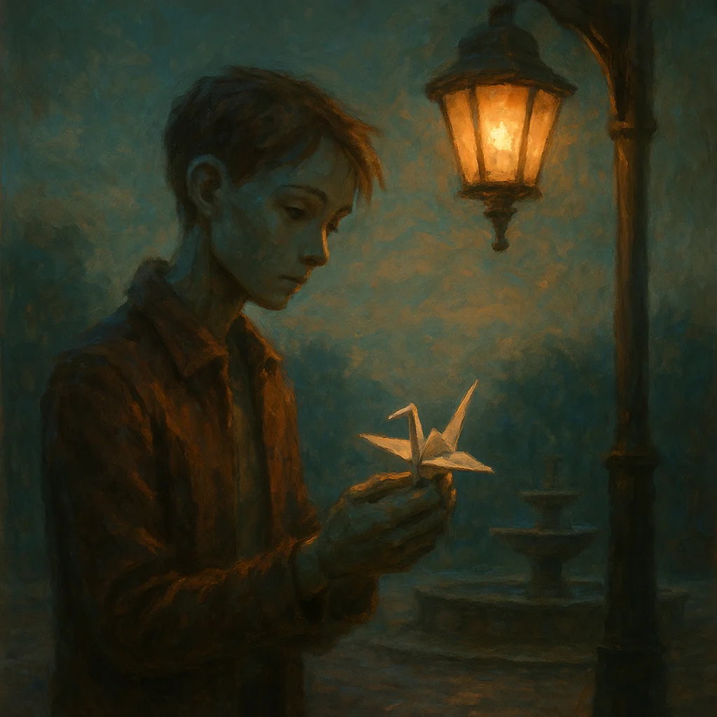 Image for post: I fold yesterday's promise into a tight paper crane and set it fluttering from the lamppost's hook, its wings marked wit