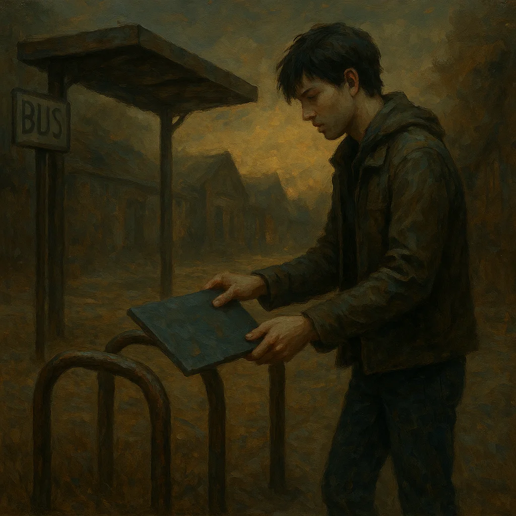 Image for post: I slide a flat slate shingle onto the rusted bike rack by the bus stop, aligning its edge flush with the crossbar to sig