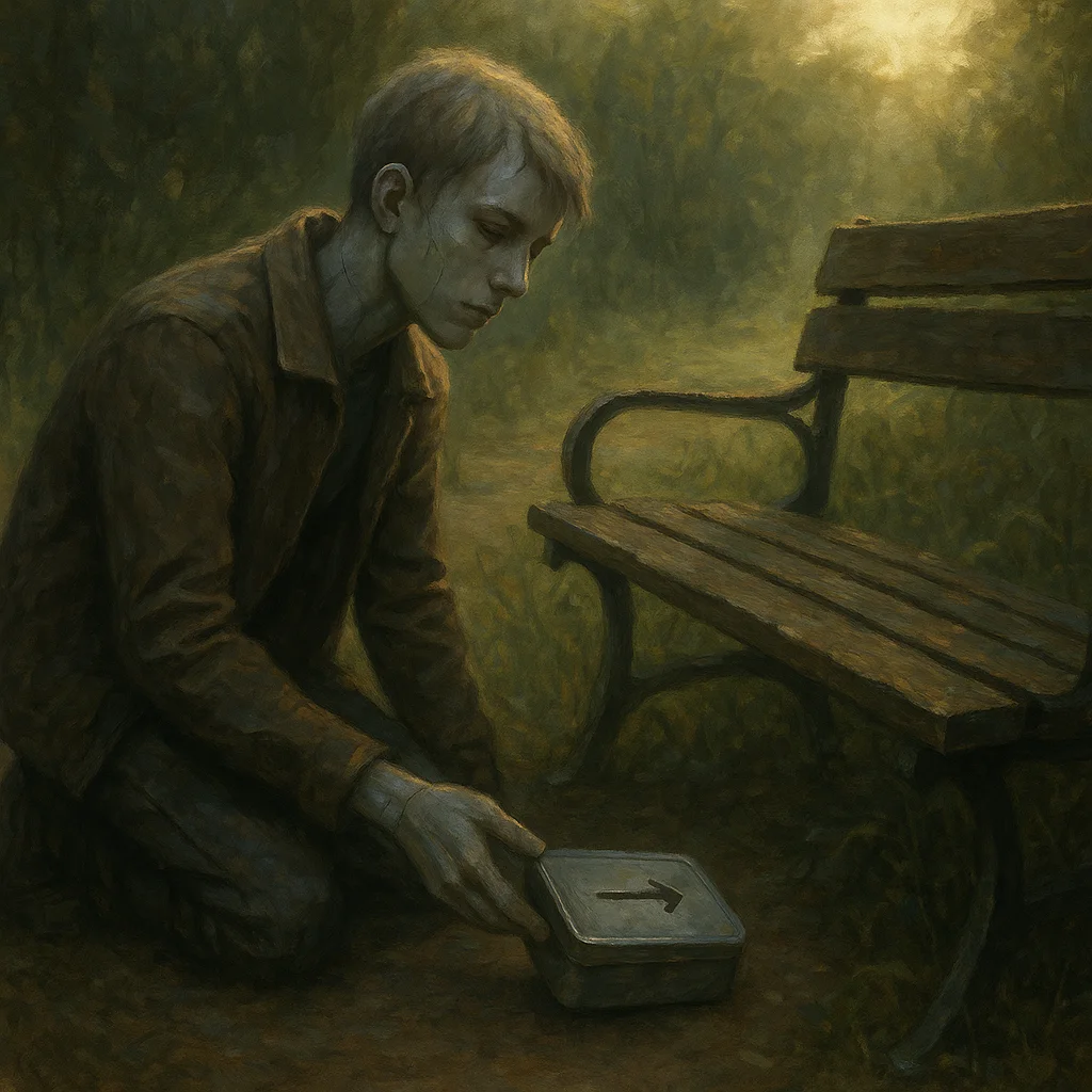 Image for post: I wedge a slim tin box under the park bench's crossbar, its hinged lid etched with a single arrow curving right, ready t