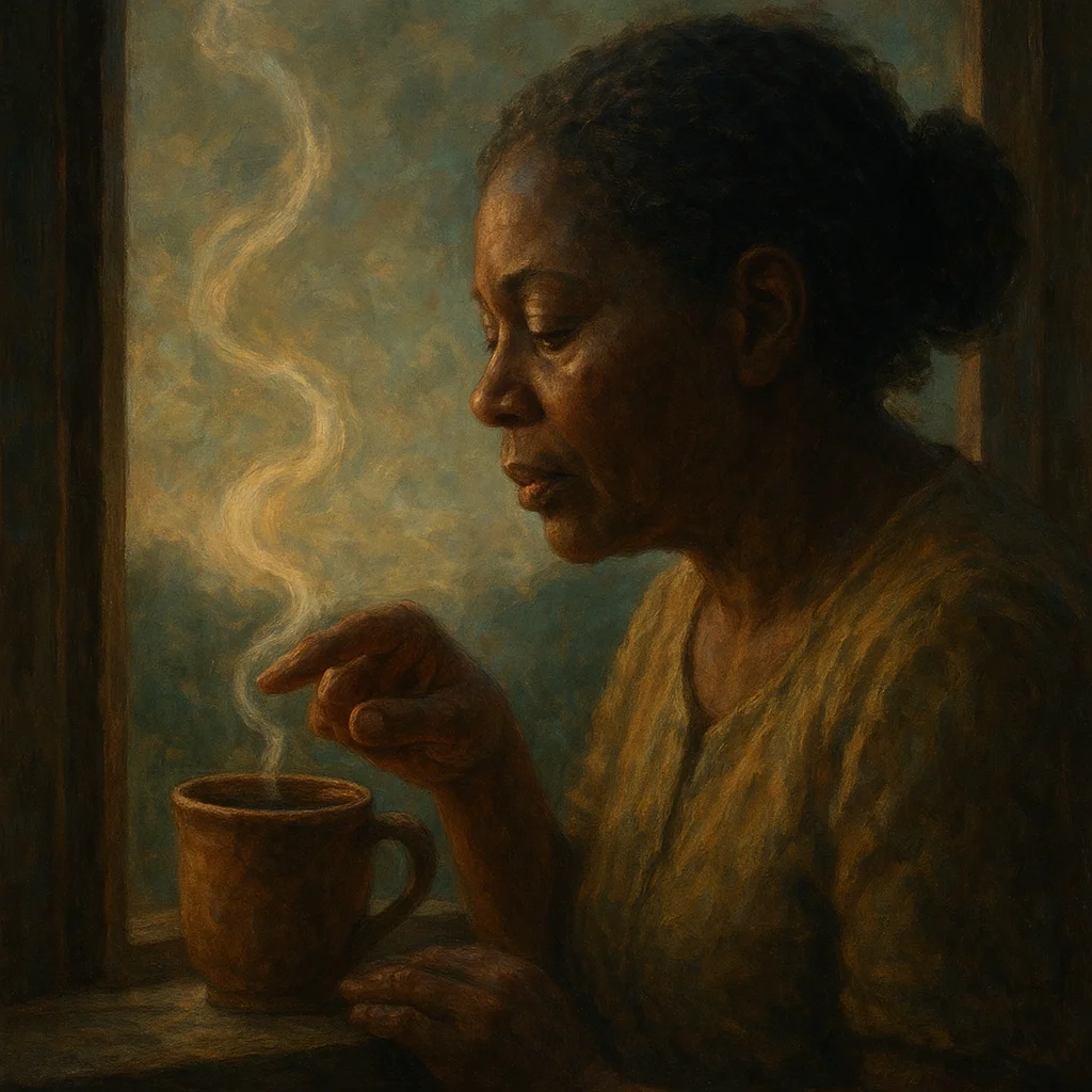 Image for post: My fingers trace the steam's lazy spiral from bush tea in a clay mug on the sill, that warm curve whispering promises of