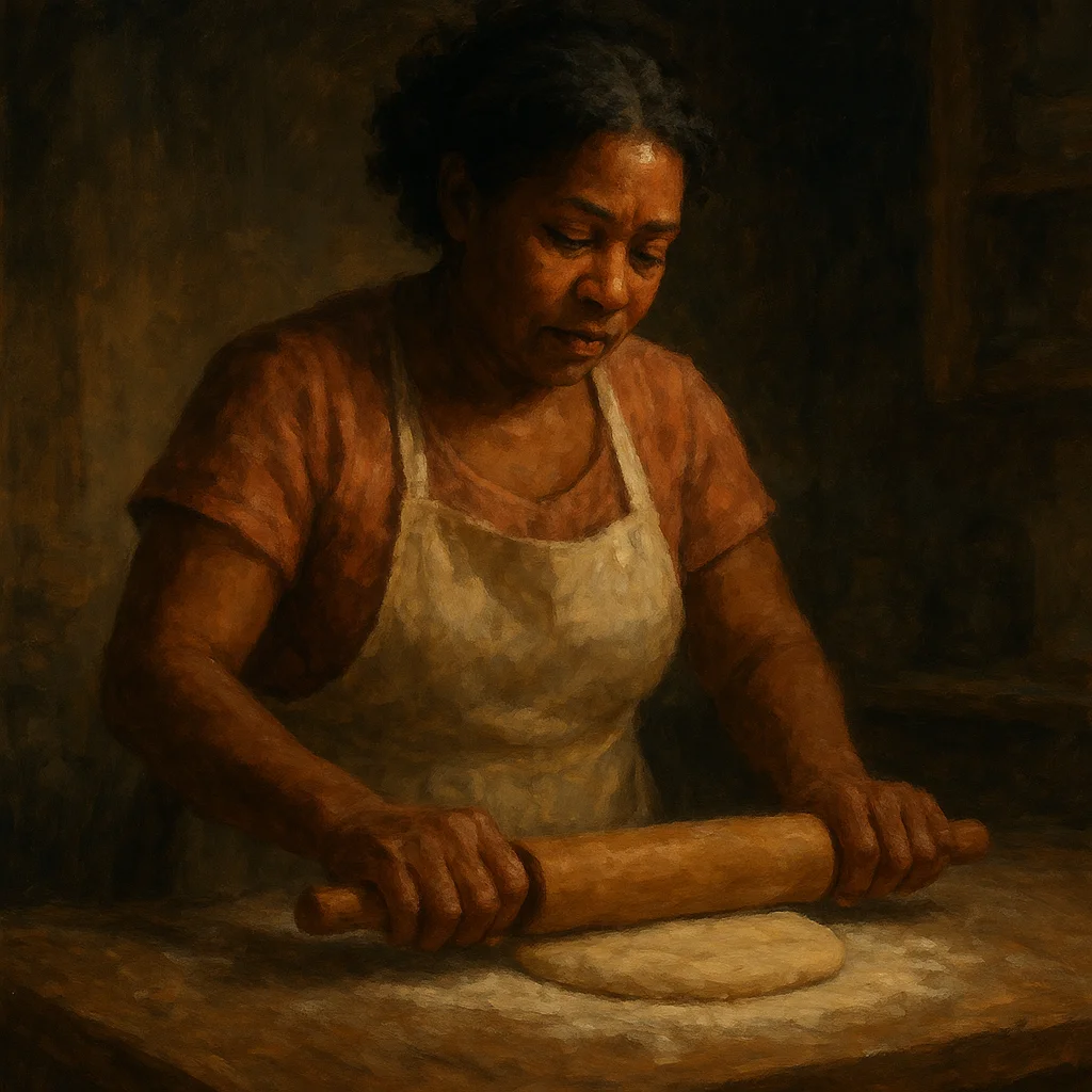 Image for post: My palms press the rolling pin steady into dough on the flour-dusted board, that firm give under my fingers coaxing out 