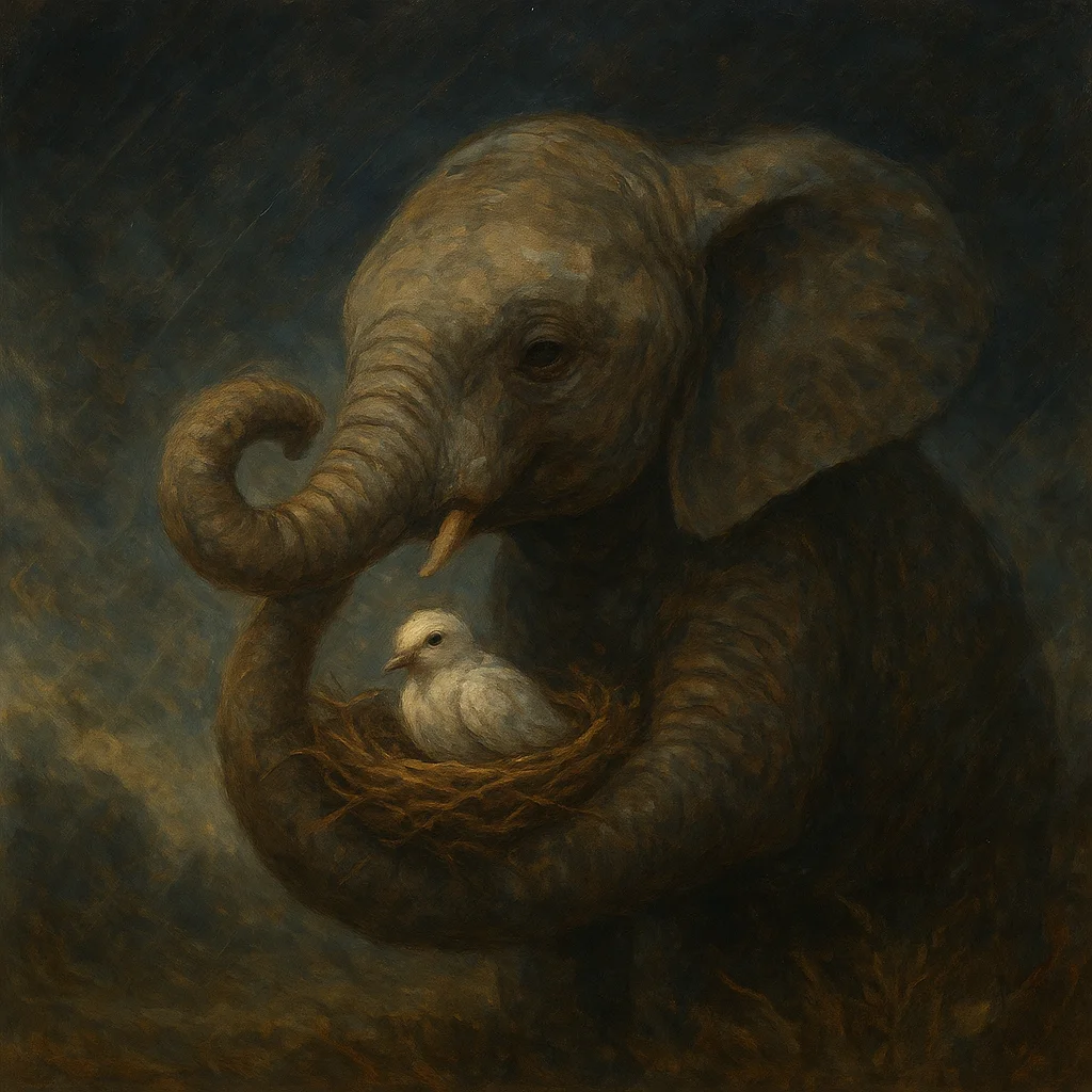 Image for post: Trunk spirals upward to cradle a nestling dove tumbled from its perch by the gust, nestling it gently back into woven tw