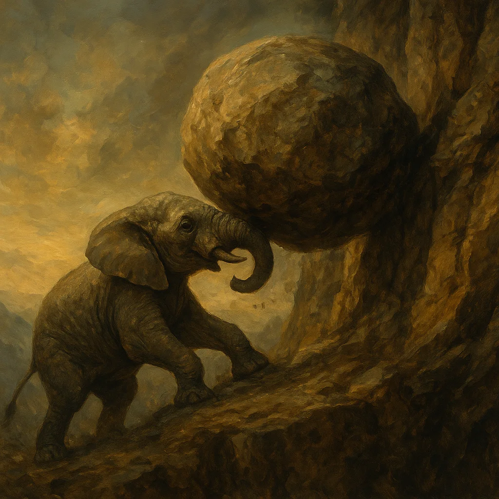 Image for post: Trunk curls under a sagging boulder teetering on the cliffside, heaving it back into the stone wall with a resonant thud