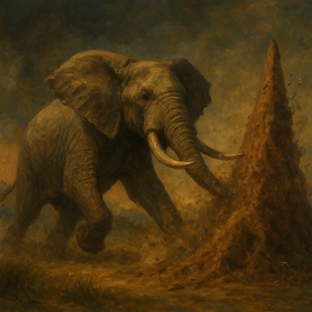 Image for post: Trunk surges forward to topple a leaning termite mound swarming with invaders, tusks pulverizing the mud walls into dust