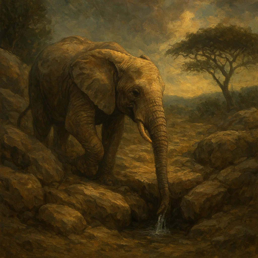 Image for post: Trunk rasps across jagged boulders to flatten a hidden ledge, unearthing a spring's trickle that quenches the parched tr
