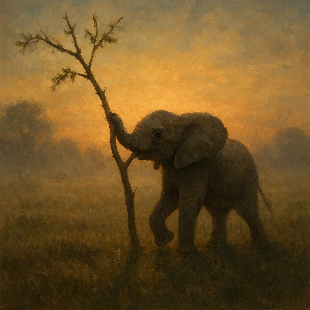 Image for post: Trunk delves into the dew-matted grass to hoist a felled acacia branch skyward, balancing it upright as a sentinel post 