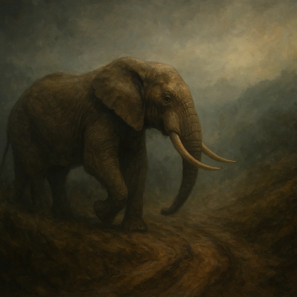 Image for post: Path ahead calls sharper now, no new threats but the haze thickening—trunk probes the mist-veiled ridge, tusks carving f