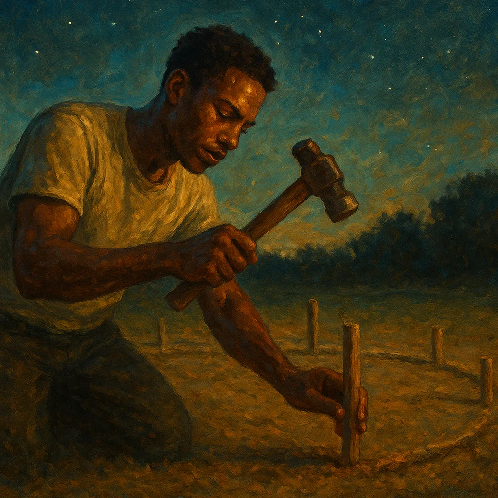 Image for post: Sweat beads on my forehead as I hammer the first stake into the yard's soft earth, mapping stakes for a communal fire pi