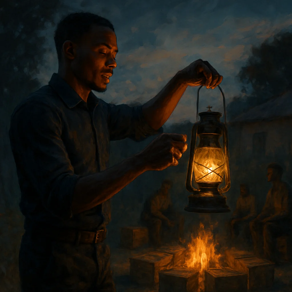 Image for post: My shoulders roll back as I uncork the lantern oil, its sharp tang cutting the dusk air while flames flicker to life on 