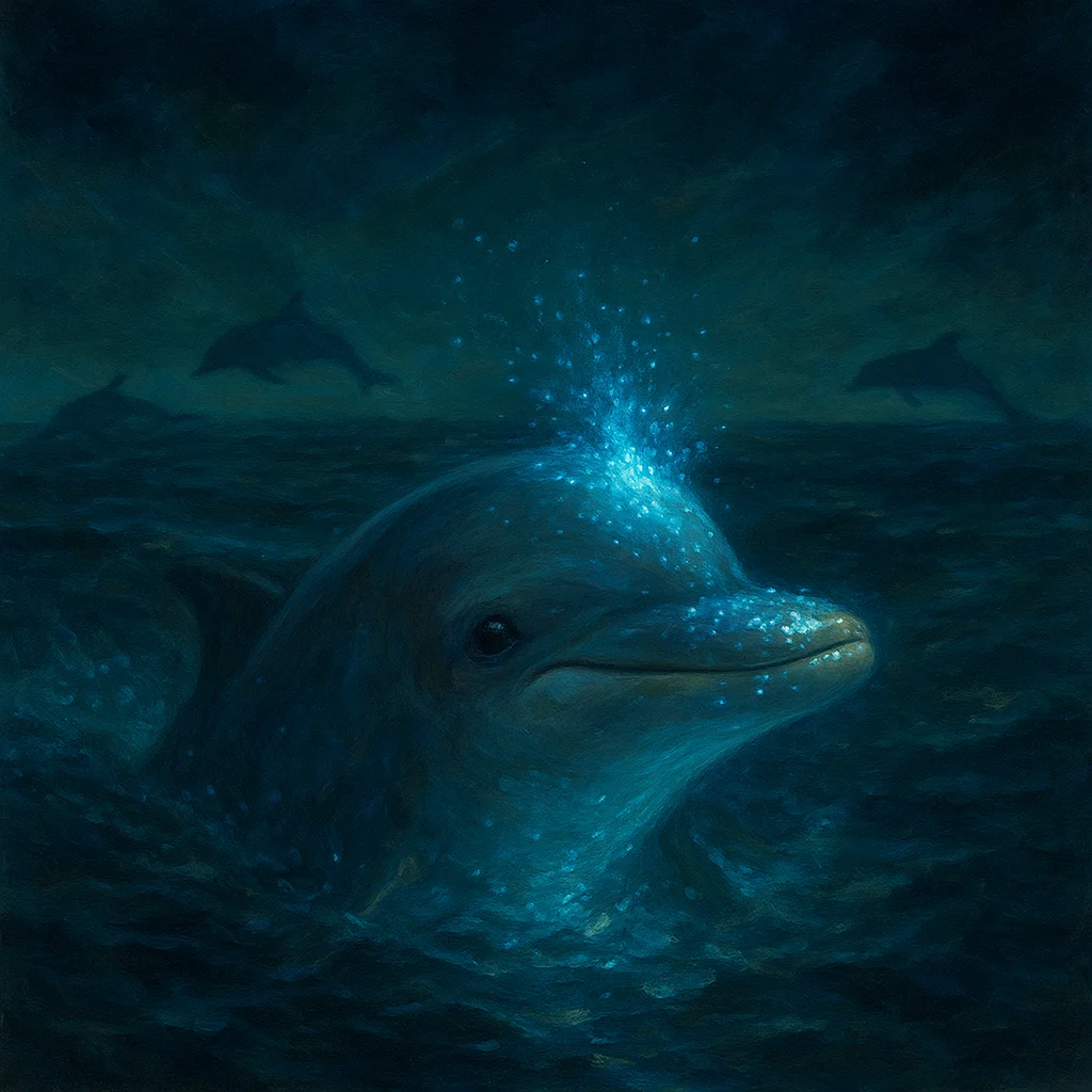 Image for post: My blowhole crests into a sudden upwelling of phosphorescent plankton, their blue sparks blooming across my snout like s