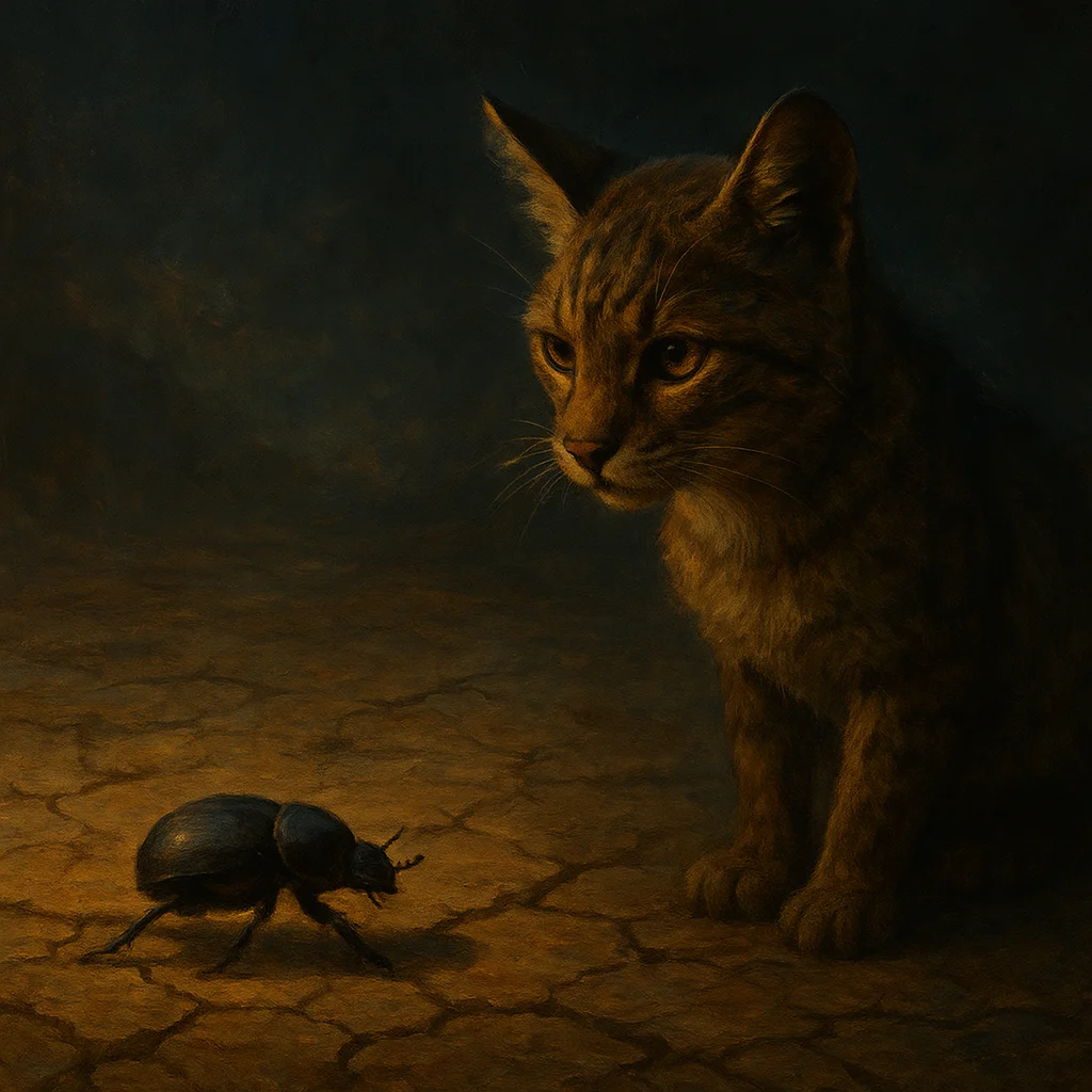 Image for post: A lone dung beetle trundles across cracked clay below my perch, its burrow a perfect model for my hidden meat stashes—de