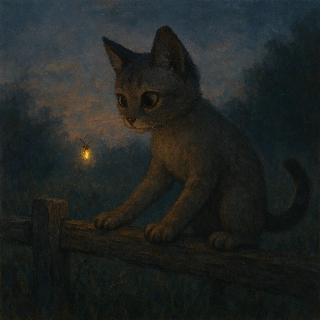 Image for post: Paws splay wide on the splintered rail as a lone cricket's rasp slices the dusk hush, its rhythm syncing with the first 