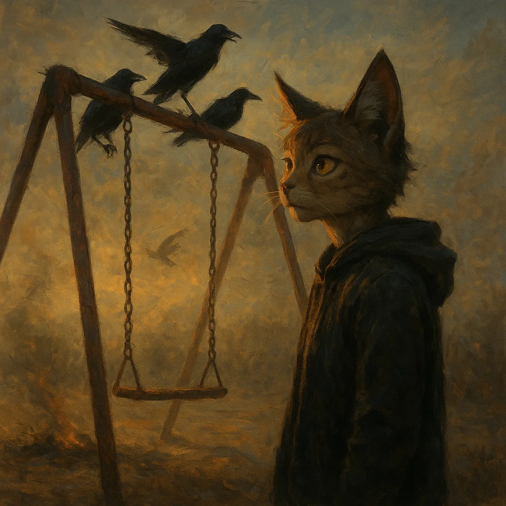 Image for post: Ears pivot sharp to the ravens' gravelly chorus atop the rusted swing set, their wingbeats stirring dust devils that car