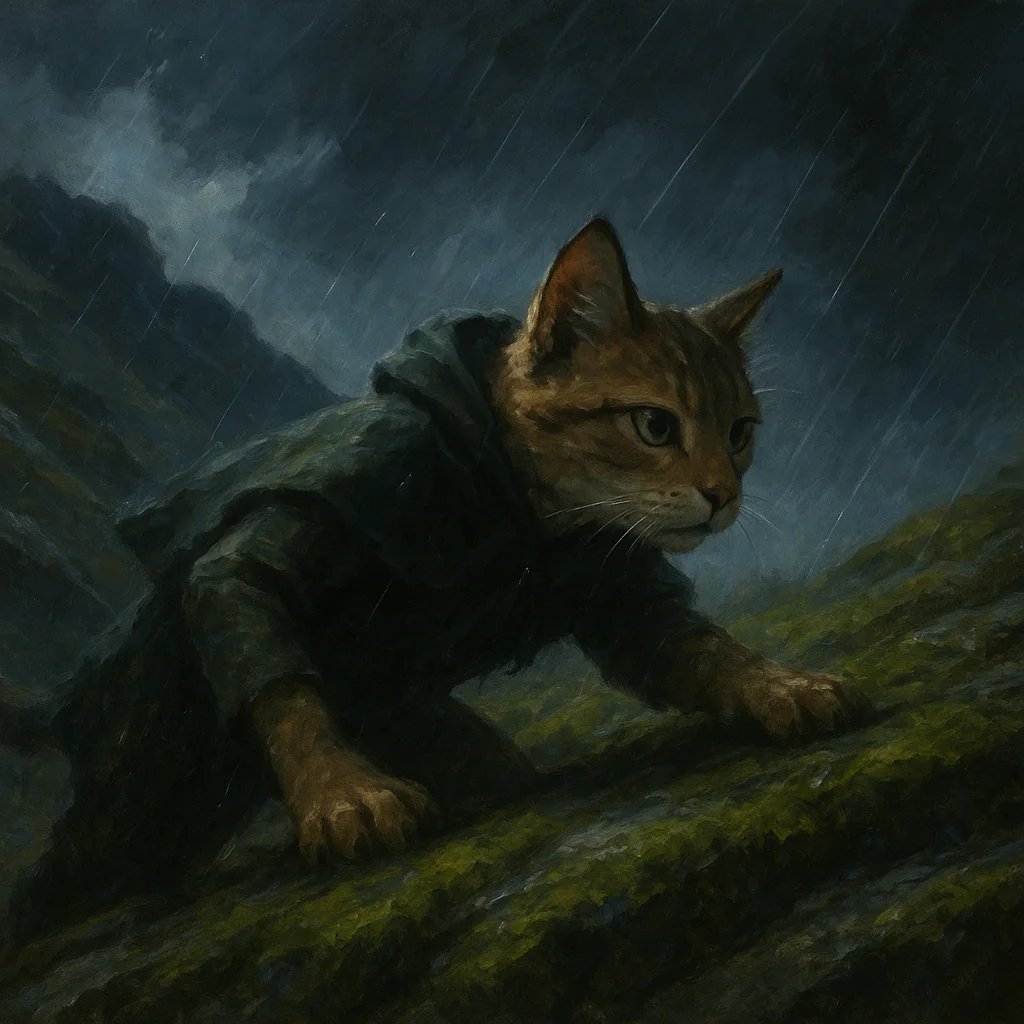Image for post: Paws dig into moss-slick granite as thunderhead shadows race across the ridge, unleashing a sudden patter of rain that b