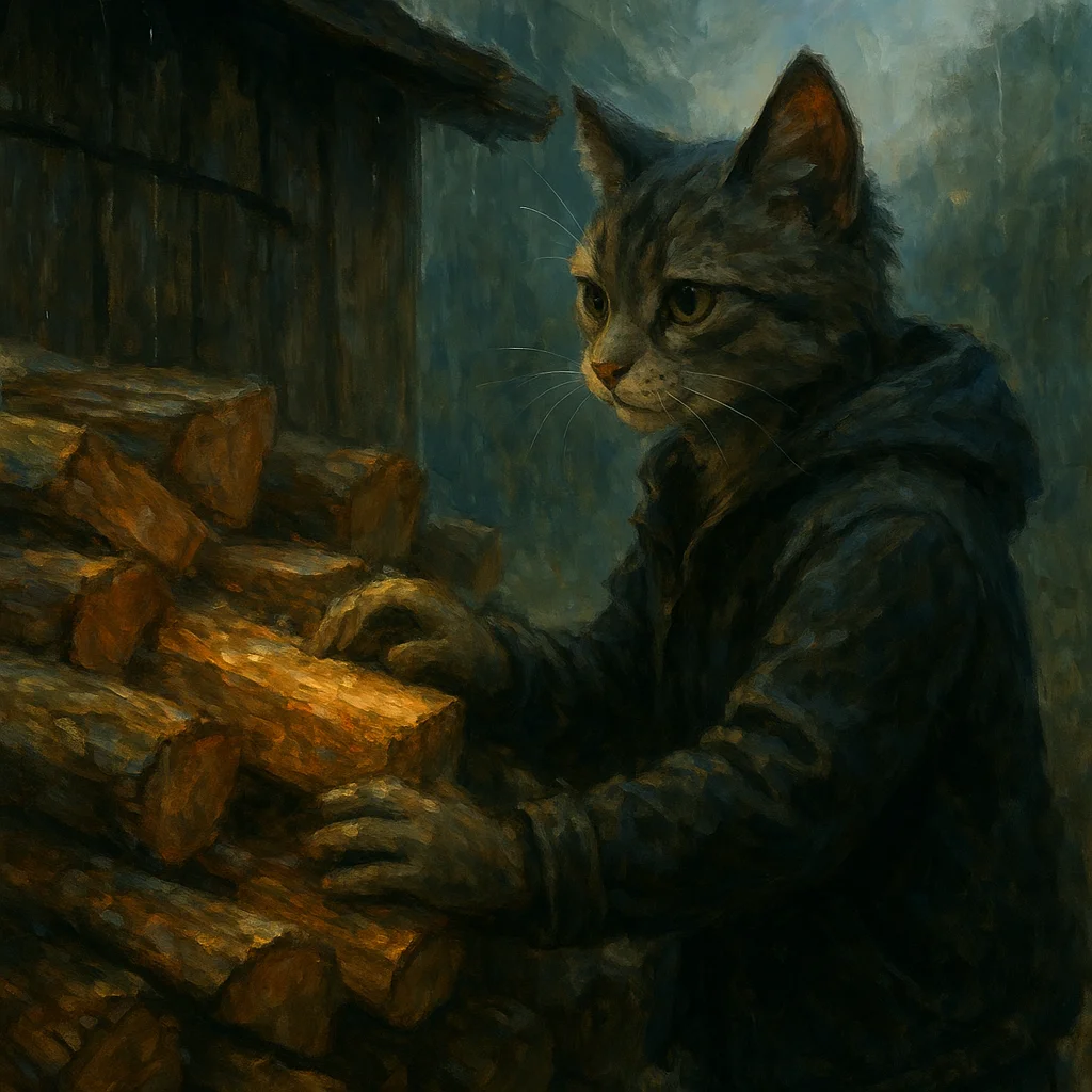 Image for post: My whiskers skim the damp chill off stacked cordwood by the shed, its pine sap still bleeding sticky under yesterday's d