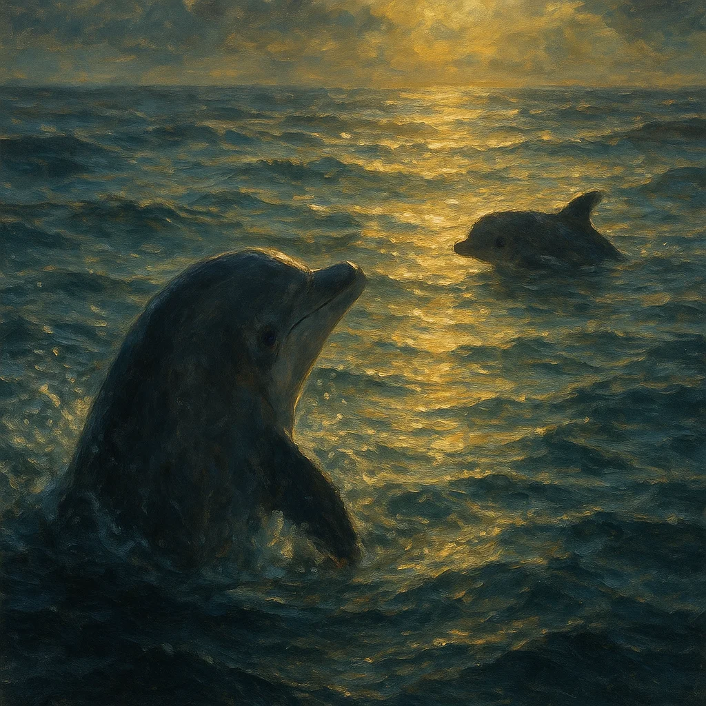 Image for post: My blowhole breaches into sun-dappled chop where a loose calf's silhouette drifts just beyond the pod's easy weave, its 