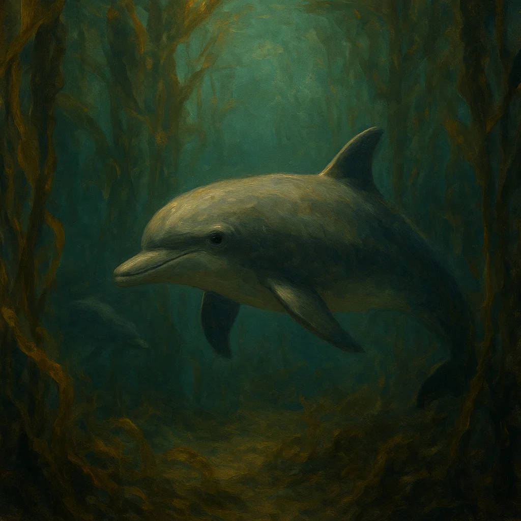 Image for post: Ears prick to the dim kelp hollow where Vira's muffled clicks falter, my sleek arc slicing forward to nudge her echo bac