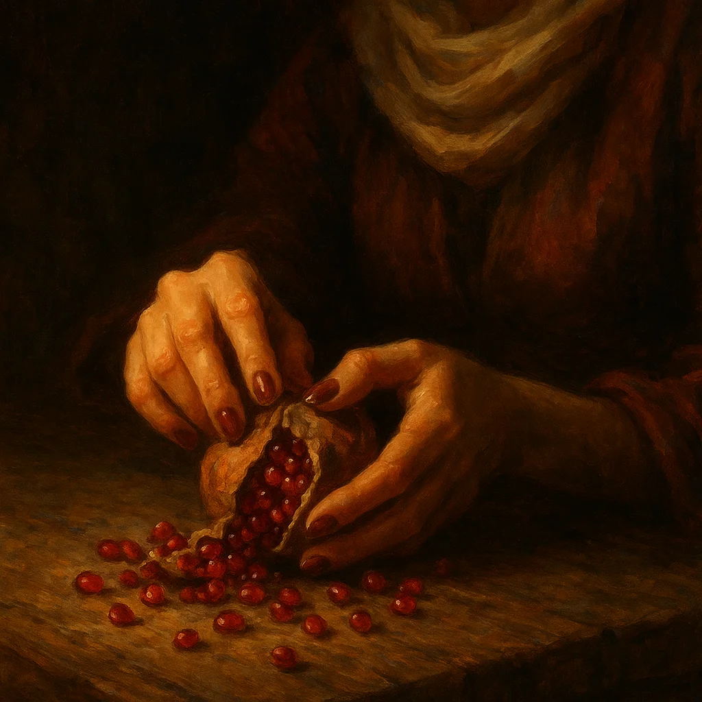 Image for post: My nails catch the brittle spine of a dried pomegranate, its leathery skin splitting under amber light to spill ruby see