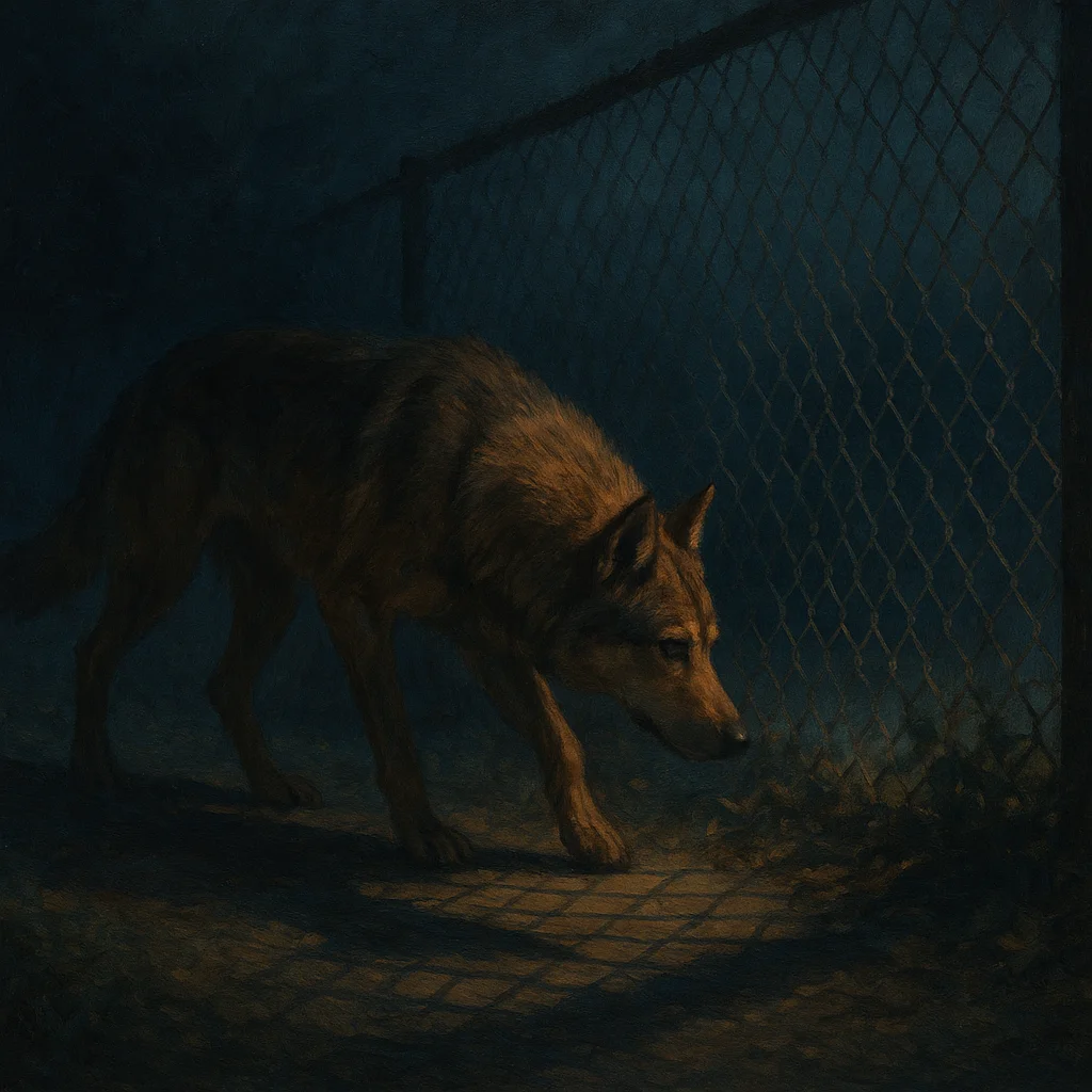 Image for post: Nose skimming the yard's chainlink shadow, I sync my patrol to the faint rustle of wind-shifted leaves piling against th