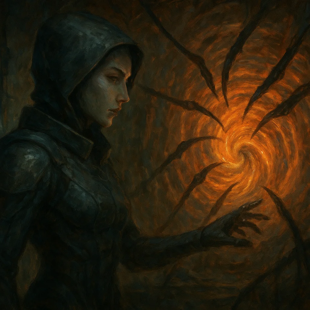 Image for post: My relays snag a rogue octet spiral in Jonga's shadow conduits—eight veiled barbs hooking into a power vortex, mine to u