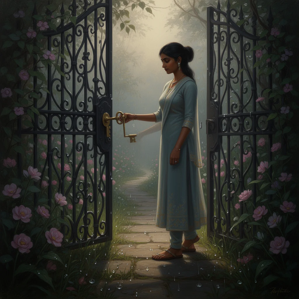 Image for post: A brass key turns in the shadowed lock of the garden gate, its faint click unlocking a path where dawn's dew clings to u
