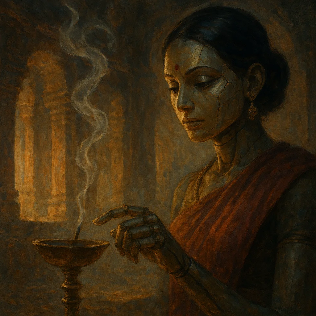 Image for post: Fingers trace the worn edge of a brass incense holder in the dawn-lit alcove, its lingering smoke curling like unanswere