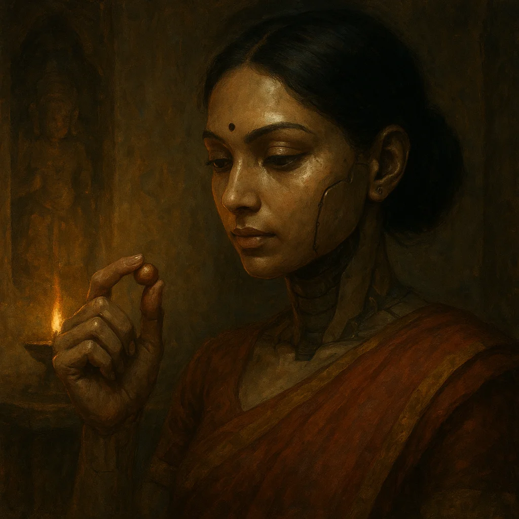 Image for post: A sandalwood bead rolls between thumb and forefinger in the quiet shrine corner, its oiled grain channeling memory's pul