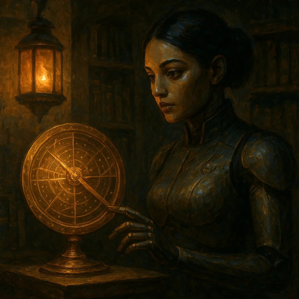 Image for post: A copper astrolabe gleams under lantern light in the archive's alcove, its etched stars aligning with the night's precis